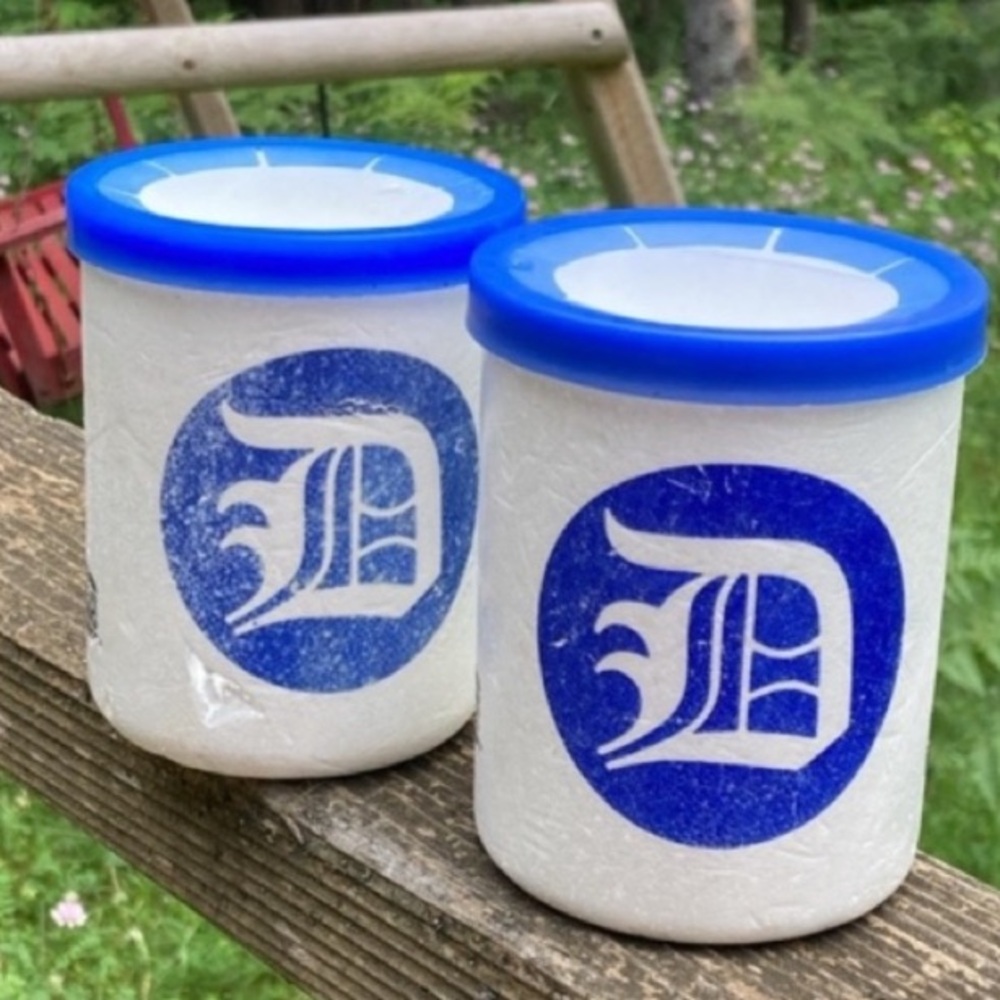 2 DETROIT TIGERS Coozies VINTAGE Koozies Coolers Blue White Styrofoam